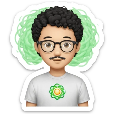 A young boy DEVELOPER WITH A laptop, black curly short hair, wearing glasses, a thin goatee, his skin is asian

Add the word "PIF" floating around him sticker
