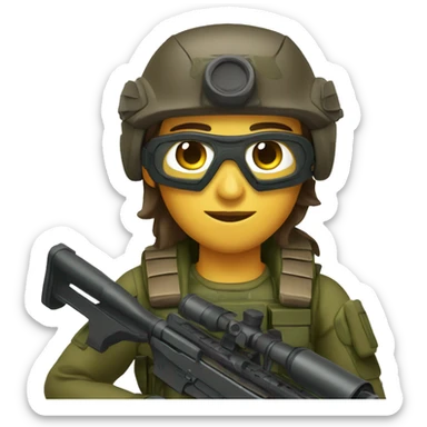 Sniper with a sniper rifle dressed in brown camouflage, dark green helmet and body armor with tactical goggles and brown hair sticker