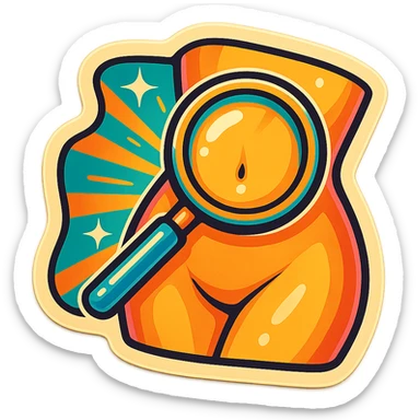 vibrant sticker showing a magnifying glass zooming in on the abdomen, with dynamic lines and a cheerful vibe sticker