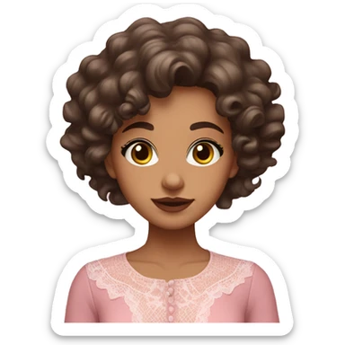 a brunette girl with large curls, fair skin, brown eyes, full lips, in a pink blouse with lace sticker