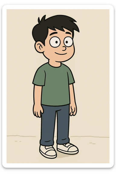 Chinese boy black hair green t-shirts dark blue jeans white shoes  sticker