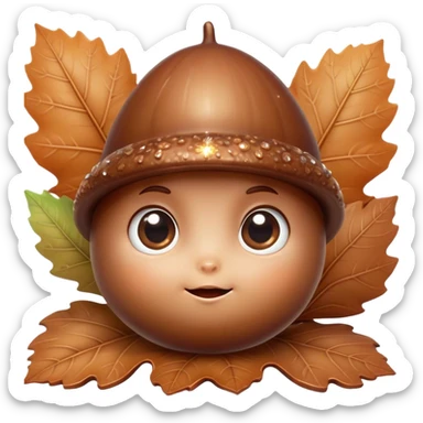 Cinematic tiny happy acorn, glossy brown, soft glowing highlights, tiny adorable face with big sparkly eyes, sitting on a pastel leaf, warm and cheerful. sticker