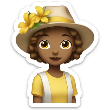 white skin, Girl with a flower in her hand, with a hat, shoulder-length brown straight hair, wearing a yellow pastel jumpsuit with white shirt in it sticker