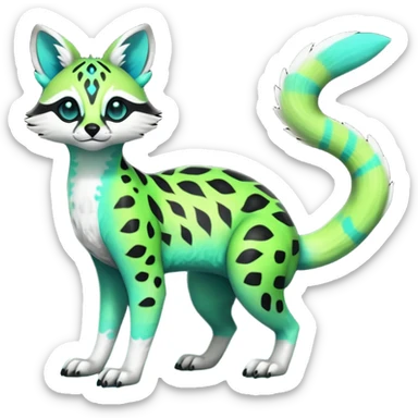 Rare realistic iridescent neon lime-green & cyan white black lush tropical exotic cute epic pretty beautiful handsome gorgeous aesthetic colorful vibrant Vernid-Protogen-Primagen-Wickerbeast-Genet-Trico-species-Fakemon-hybrid-creature by LiLaiRa, beautiful intricate markings, full body sticker
