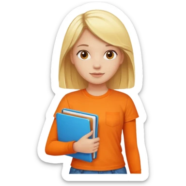 blonde girl in an orange t-shirt holding folders, vibrant colors sticker