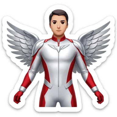 Danny Ramirez as the new Falcon in Captain America: Brave New World, wearing a sleek, high-tech red, white, and silver suit with aerodynamic wings. His expression is determined and heroic, ready for action. The background features a dramatic sky, highlighting his flying abilities sticker