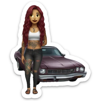 Beautiful tattooed burgundy long haired woman standing next to a car sticker