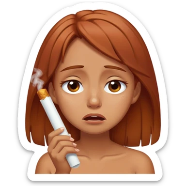 Reddish Brown haired tan girl slightly crying with a joint sticker