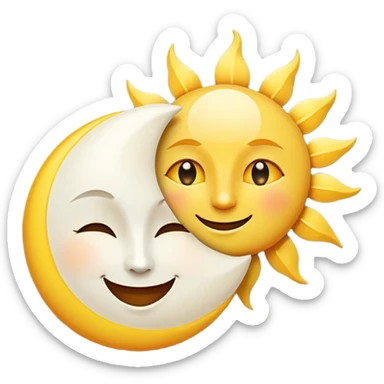 a really bright  big sun and a small moon who shines because of it. the sun is bigger and the tiny \moon bright too beside it smiling looking at each other sticker