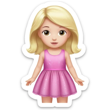 A baby with a pink sparkling dress and blonde hair and black hair and long hair sticker