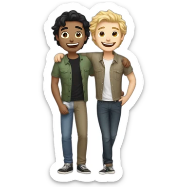 Gay couple, 1 guy Latino black straight hair and 1 Australian white guy with blonde slightly curly hair laughing full body and a cat as a pet sticker