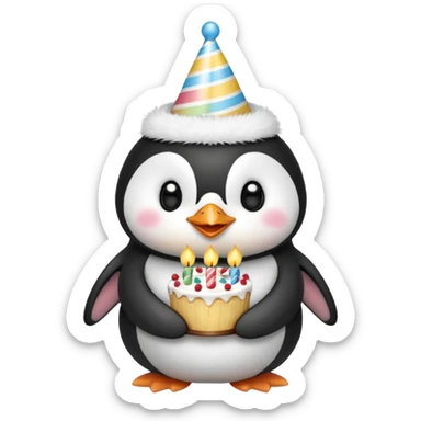cute penguin with birthday hat hold a birthday cake in both arms sticker