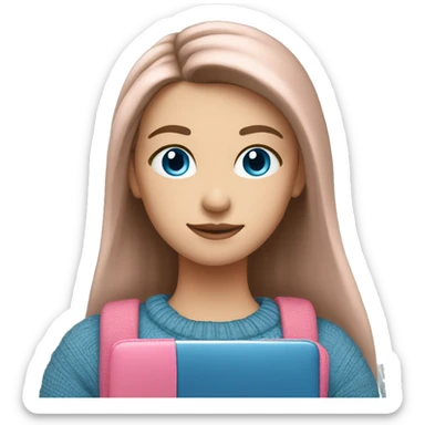 caucasian white IT girl student, holding pink laptop, blue eyes, brown hair ponytail wearing a thick sweater sticker