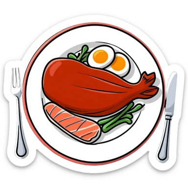 Cute sticker of a floating plate with a large chicken breast as the main focus, a red meat steak, smaller salmon fillet, and tiny egg, orbiting a DNA symbol, with energy flowing to a strong muscular cartoon figure sticker