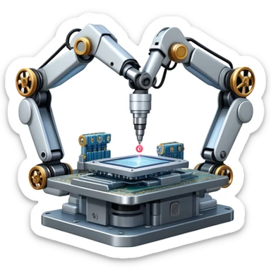 An icon featuring a giant robotic machine welding a large microchip with a laser, using two robotic arms. The design includes circuit boards, gears, and technical schematics, symbolizing advanced engineering and automation. Transparent background highlights the fusion of technology sticker