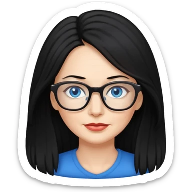woman 50 years old, long and fluffy black hair, blue eyes, glasses sticker