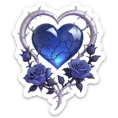 gothic heart, midnight blue glass, silver crescent moon, black roses, stardust, lightning, rain, cracked glass, cyberpunk style sticker