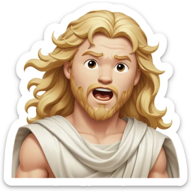 Cinematic Realistic Thor Portrait, head tilted slightly with a dramatic, wide-open yawn, revealing a moment of unguarded human vulnerability amidst his divine stature. His fair, luminous skin and elegantly styled, wavy golden hair maintain their sculptural perfection even in repose. Dressed in a flowing white toga with understated golden accents, the portrait is bathed in soft natural light, capturing a rare glimpse of relaxed, timeless strength from a Greek god reborn. sticker