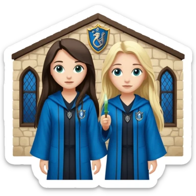 a pretty ravenclaw girl with long dark brown hair and blue eyes standing with a hot Slytherin girl with long blonde hair, blue eyes sticker