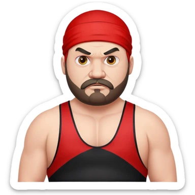 Close-up of extremely fat white skin guy with young face, beard and mustache, no muscle with prominent black durag, black eyes in a red and black wrestling singlet with angry face sticker