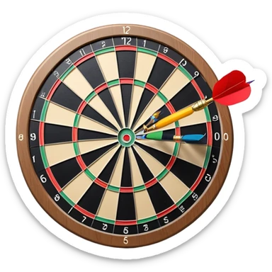 A dartboard with darts firmly stuck in the bullseye, surrounded by the colorful sections of the target. The background conveys a competitive atmosphere, with a subtle focus on precision and skill in the game of darts. sticker