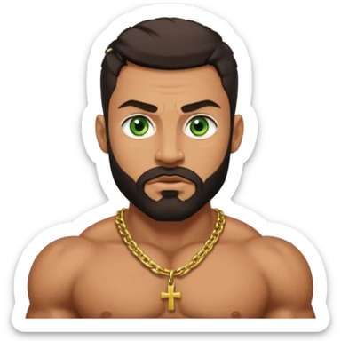 green eyes, dark short hair, muscular shoulders, wide cross, gold chain, big lips big nose big eyes, masculine good looking, dark beard, muscular strong looking sticker