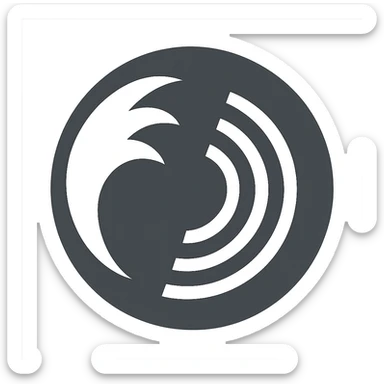 modern graphic sign: dark gray sphere, white curved claw in the upper left corner, three white concentric lines resembling waves on the right sticker