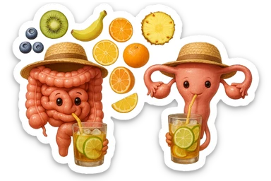 EMOJI STILE IPHONE DI INTESTINO E UTERO UMANI REALISTICI CON CAPPELLO DI PAGLIA DA SPIAGGIA CHE BEVE UN Tè FREDDO IN BICCHIERE DI VETRO CON DENTRO  fette di cetriolo, limone, lime, DIETRO L'INTESTINO FLUTTUANO PEZZETTI DI Kiwi
Banana acerba
Arance e mandarini
Mirtilli
Ananas
Papaya
IPERREALISTICO 4K sticker