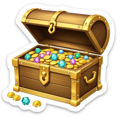 A treasure chest is slightly open and peeking out from inside are treasures: colored diamonds, gold necklaces, pearls, and gold coins. sticker