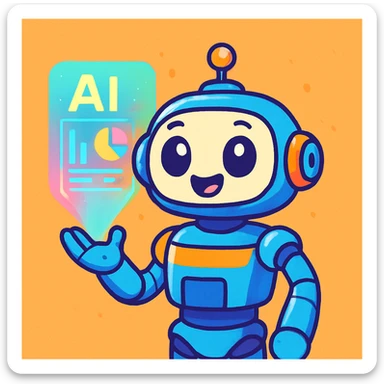 a sentient AI as a friendly robot with expressive eyes and a holographic interface, colorful cartoon style sticker