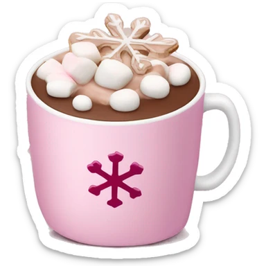 Hot chocolate with cream and Marshmallows in a pink cup with a snowflake on it  sticker