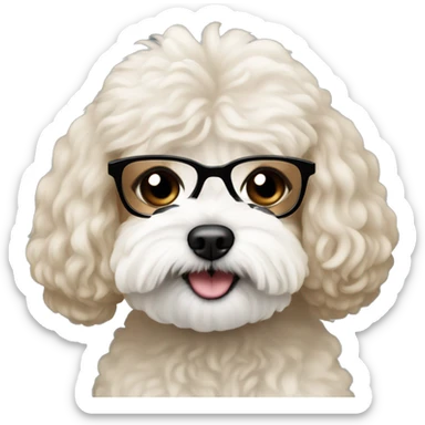 Light brown woman with long black hair and black  glasses holding white MaltiPoo sticker