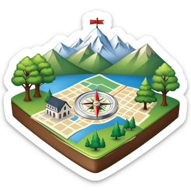 An icon featuring a local map, a compass, and regional landmarks, symbolizing local studies. The design includes a tree, mountains, and buildings, representing the unique geography and culture of a specific area. Transparent background highlights the exploration of local history and environment. sticker