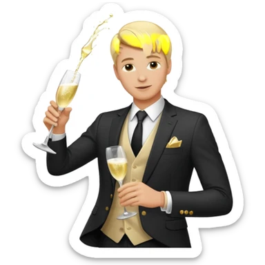 rich fit blonde white man in a suit, confidently pouring champagne, exuding intelligence and luxury, apple style emoji sticker