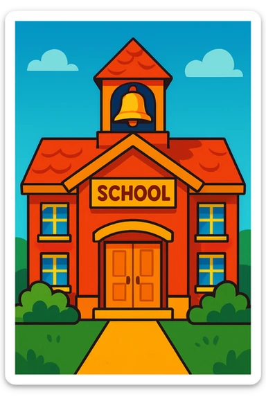 school building with bell tower, friendly illustration, warm and inviting sticker