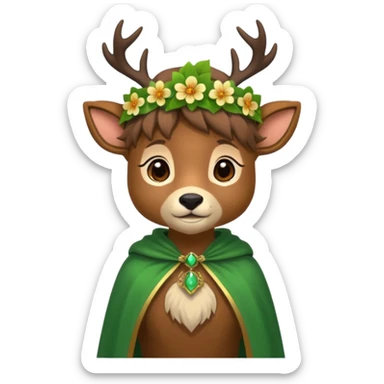 doe dressed as a druid, flower crown, green cape sticker