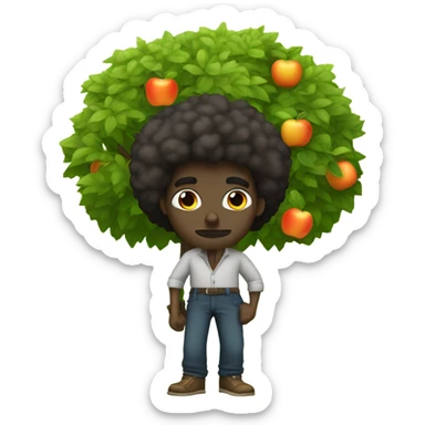 dark skinned man with afro hair with baggy pants smoking an orange under an apple tree sticker