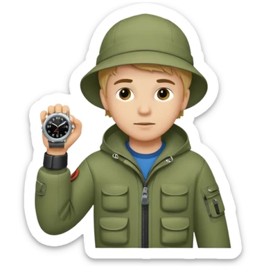 Boy in fishing suit looking at his wristwatch sticker