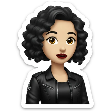White girl, with long curly black hair, with red lipstick, black winged eyeliner, wearing black shirt and black leather jacket shrugging her shoulders in a gesture that says “I don’t know” sticker