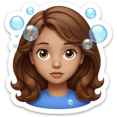 girl with brown wavy hair in a side part with big brown eyes looking off to the side with bubbles on both sides of her sticker