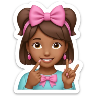 Chica morena sonriendo con un lazo rosa en la cabeza y mordiendose la punta del dedo indice con delicadeza sticker