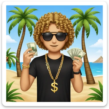 Happy mixed-race person with curly hair, black t-shirt, chain necklace, sunglasses, holding cash in both hands, palm tree beach background sticker