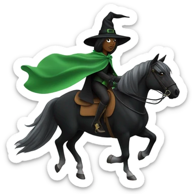 Green witch, black hat and cape, riding a horse sticker
