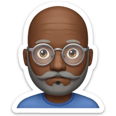 African american male, bald, full gray beard, black mustache. Round face, glasses sticker