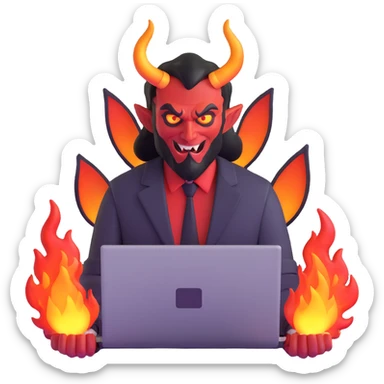 sinister demon salesman with laptop and fire effects sticker