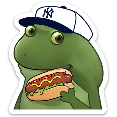 wearing a yankees hat, holding a hotdog sticker