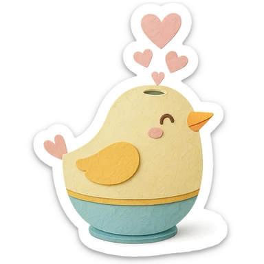 cute bird-shaped humidifier releasing heart-shaped mist, gentle smile, soft pastel colors, full-body sticker