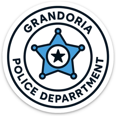 contemporary circular police badge for GRANDORİA POLİCE DEPARTMENT, geometric elements, flat design, blue and white colors, modern sans-serif text, clean and authoritative sticker