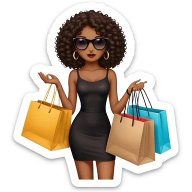 Rich dark brown girl with dark brown mid-length curly hair expensive retail shopping bags and sunglasses dressed in black sticker