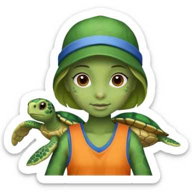 Haz una tortuga bonita, que sea niña, con ropa como si estuviera haciendo voluntariado, que Rea presente la limpieza de playas y el de refugio de animal sticker